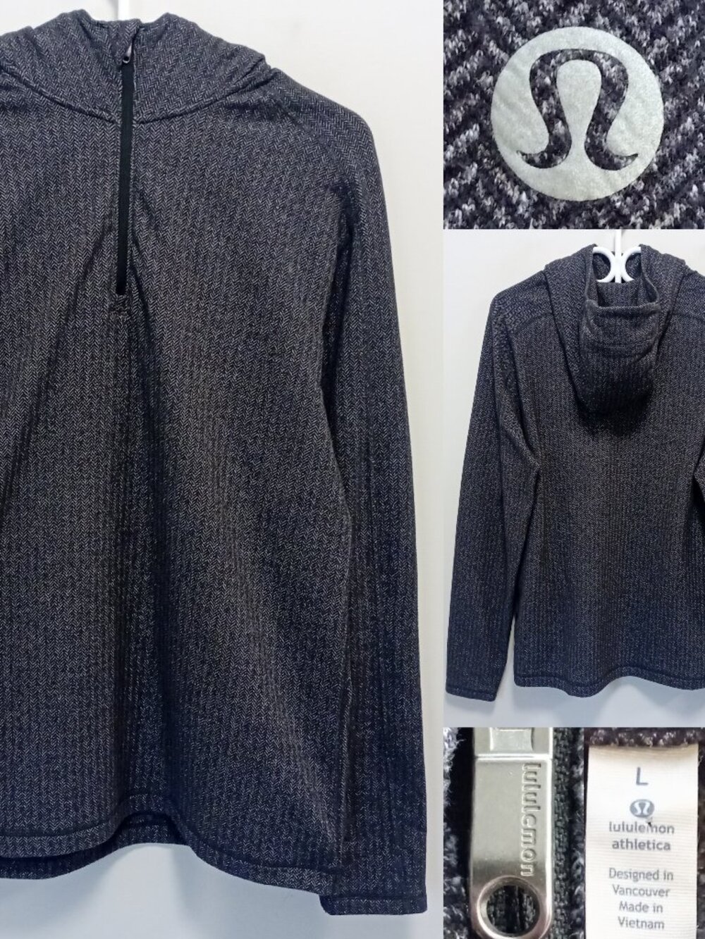 Lululemon Surge Warm Hoodie Large Heathered Herringbone Black Gray Mens Rulu